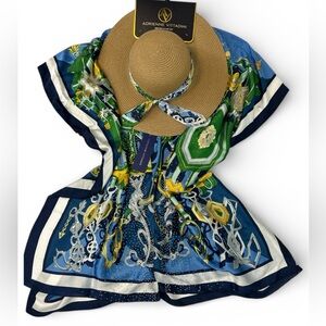 Adrienne Vittadini Vibrant Blue and Green Scarf with Tan Hat OZ.